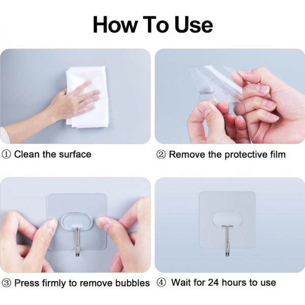 Large Adhesive Hooks,Transparent Seamless Stainless Steel Ultra Strong Wall Hooks for Kitchen Bathroom Ceiling Door Utility Hooks 14 PCS
