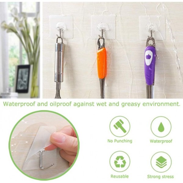 YIDE Adhesive Hooks,Transparent Seamless Stainless Steel Ultra Strong Wall Hooks for Kitchen Bathroom Ceiling Door Utility Hooks(12 PCS)