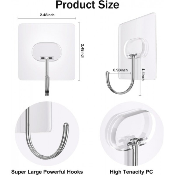 Large Adhesive Hooks,Transparent Seamless Stainless Steel Ultra Strong Wall Hooks for Kitchen Bathroom Ceiling Door Utility Hooks 10 PCS