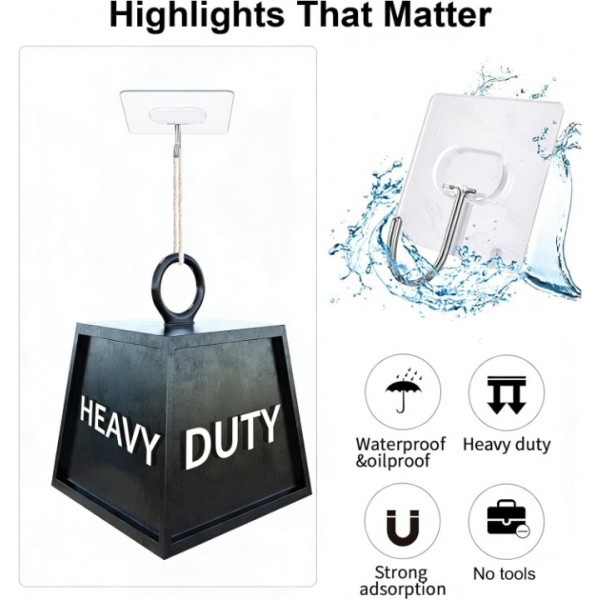 Large Adhesive Hooks,Transparent Seamless Stainless Steel Ultra Strong Wall Hooks for Kitchen Bathroom Ceiling Door Utility Hooks 14 PCS