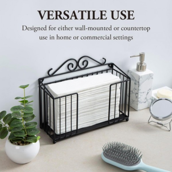 YIDE Modern Black Metal Wire Bathroom Folded Paper Towel Holder with Scrollwork Design, Wall Mounted or Tabletop Commercial Trifold Z-Fold Disposable Napkin Dispenser Rack