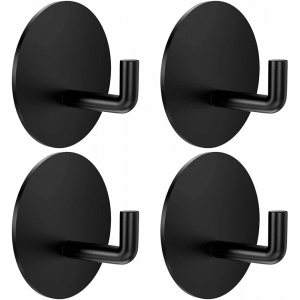 YIDE Adhesive Hooks Heavy Duty Shower Hook Waterproof, Black Stick on Hooks for Hanging Loofah Towel Robe Clothes, Removable Stainless Steel Bathroom Adhesive Wall Hooks 4 pcs